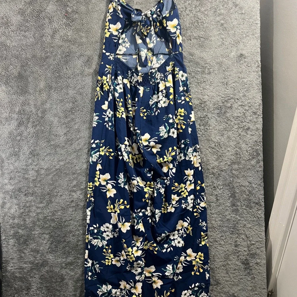 Navy Blue Floral Wide Leg Jumpsuit Sleeveless Cutout Back Tie Size S/M
